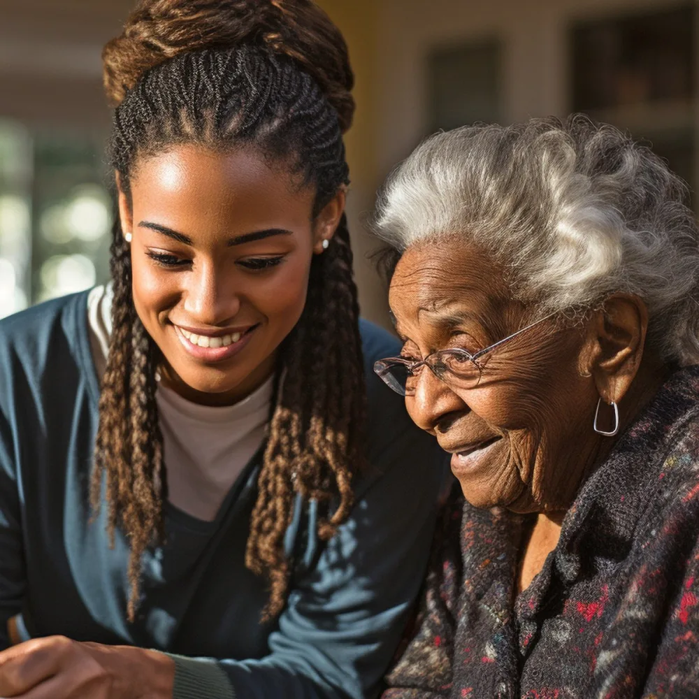 A caregiver and an older woman smiling together as they look at something