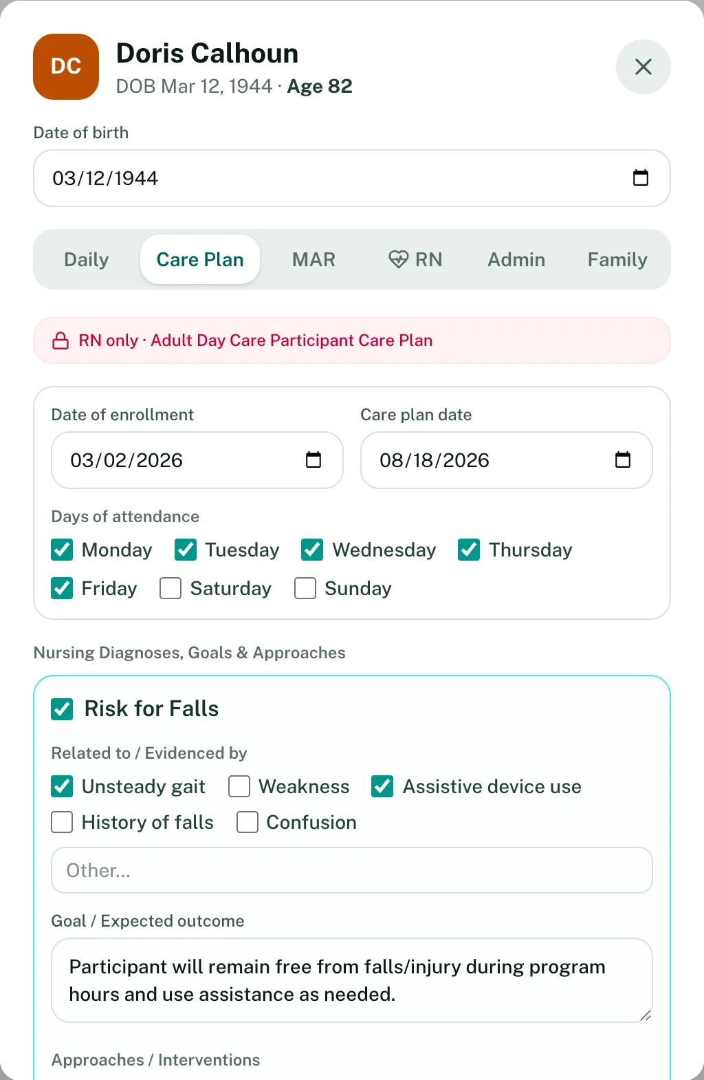 A participant's care plan with days of attendance and a Risk for Falls diagnosis, its related factors and goal