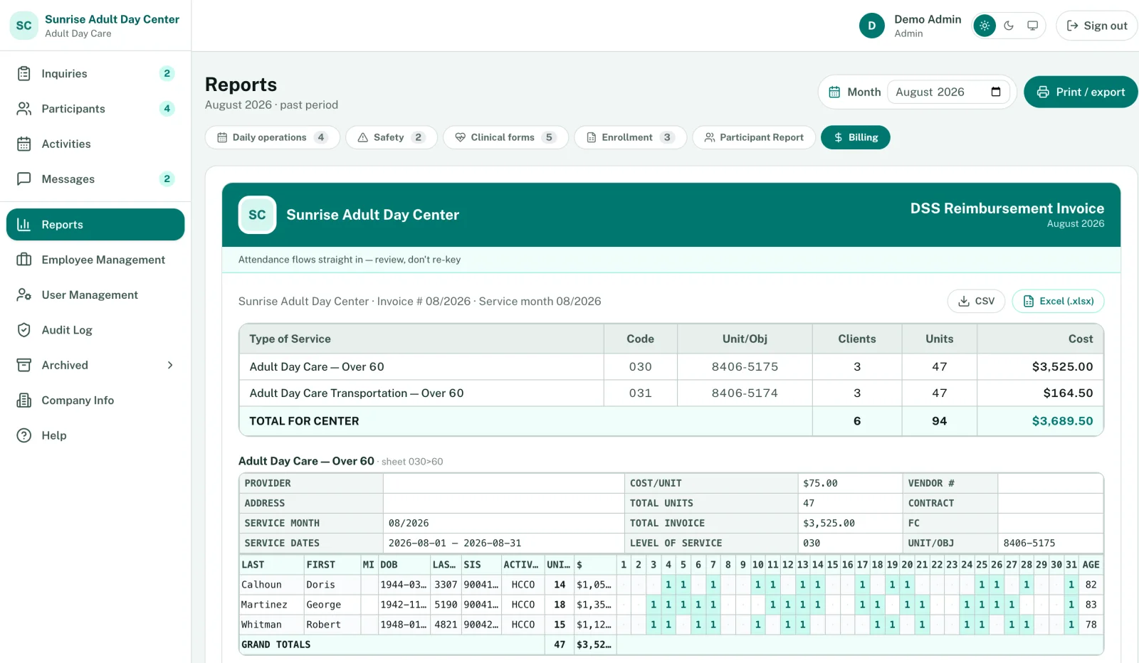 DSS reimbursement invoice with a service summary and the Adult Day Care over-60 sheet of billed days for each participant