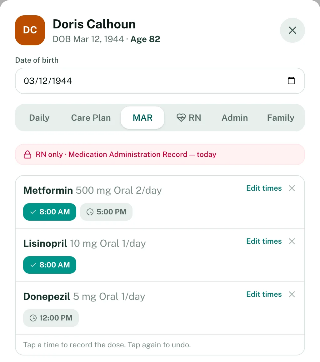 A participant's chart open to the MAR tab, showing each medication's scheduled times with given doses checked off
