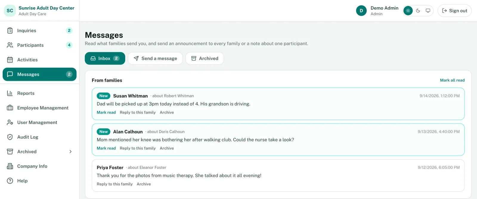 Messages inbox with notes from families about their loved ones