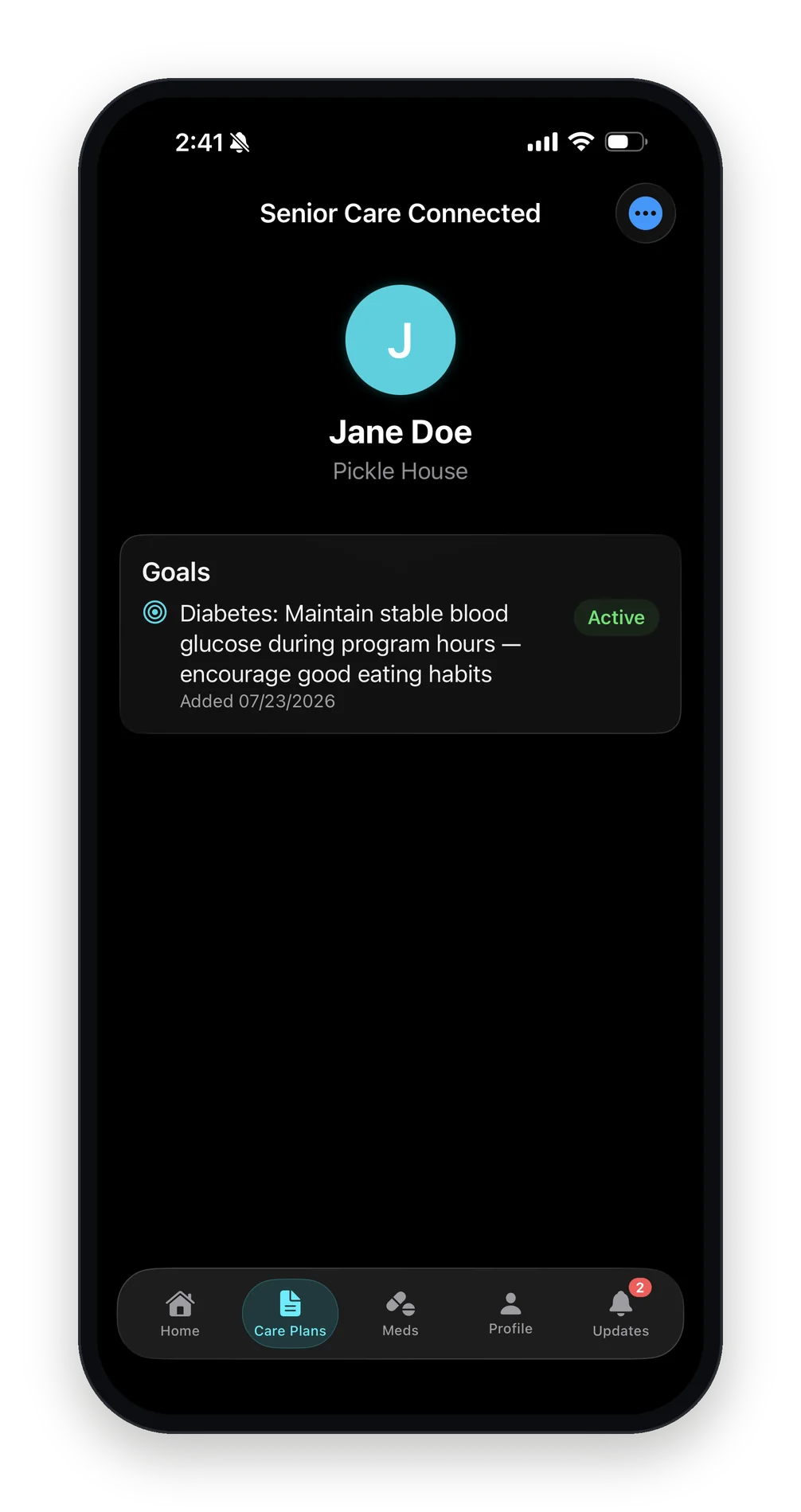 The family app's Care Plans tab: an active goal to keep blood glucose stable during program hours