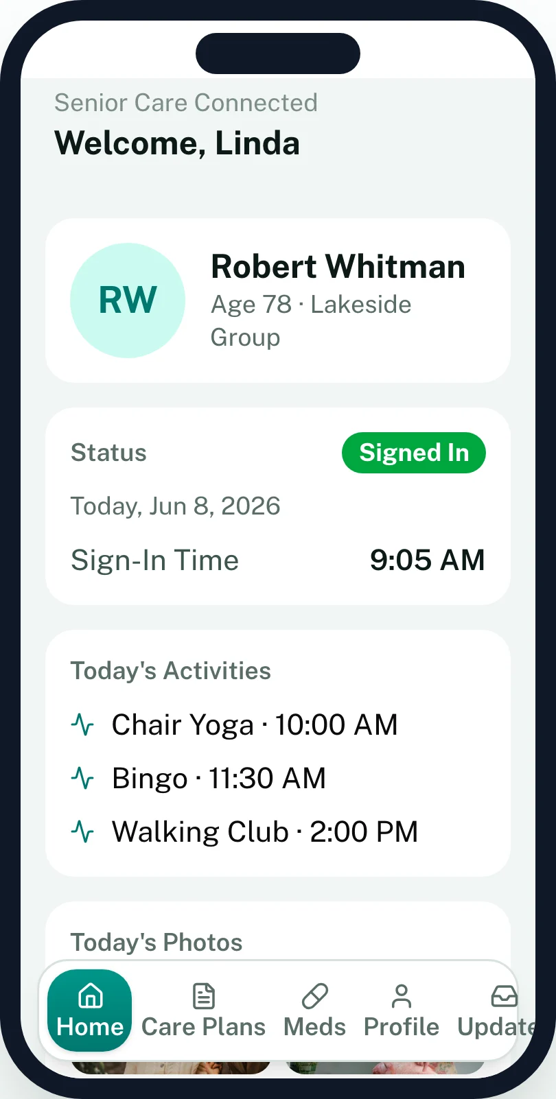 The family app on a phone: a participant signed in at 9:05 AM, today's activities, and photos from the day