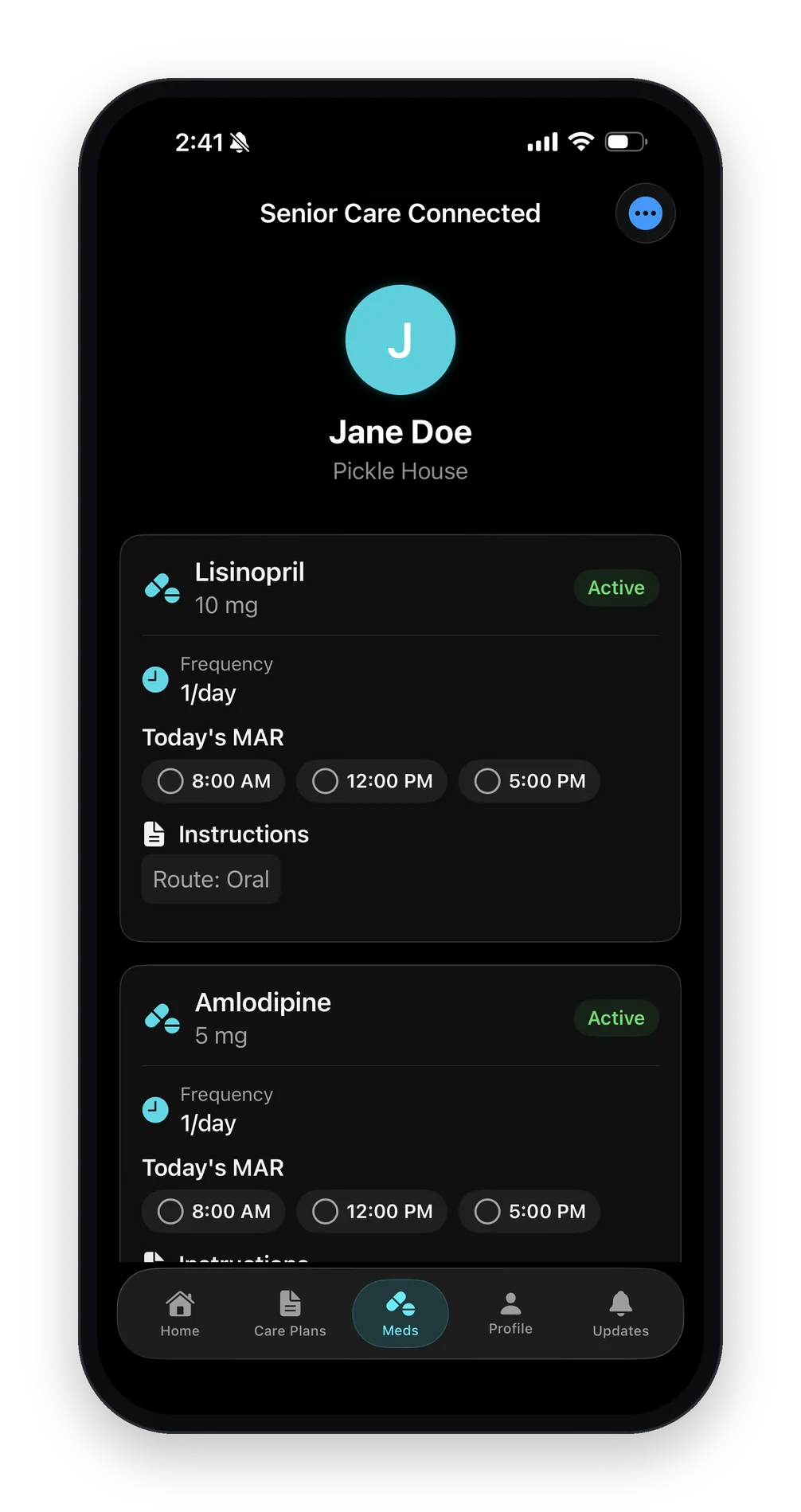 The family app's Meds tab: each medication with its dose, frequency, today's MAR times and instructions