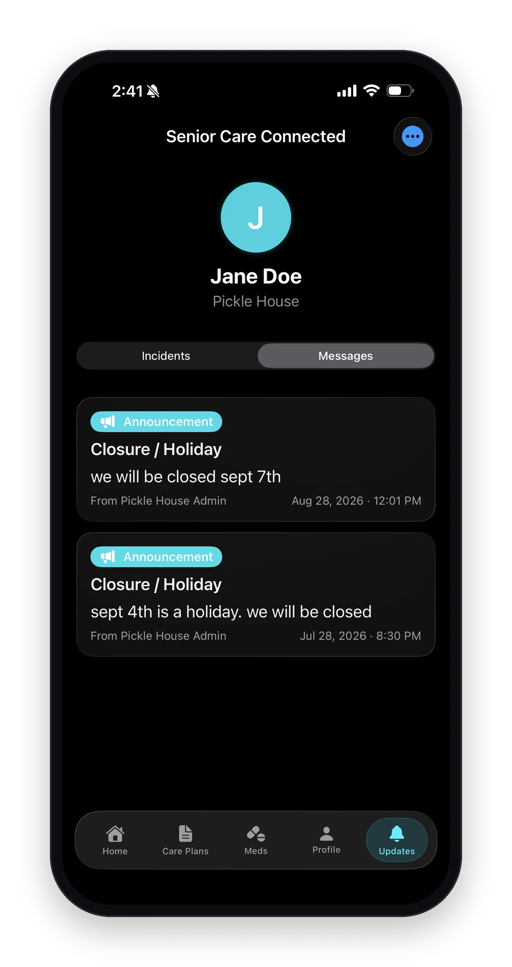 The family app's Updates tab: closure and holiday announcements from the center