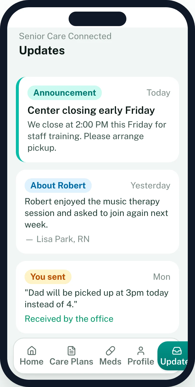 The family app's Updates tab: a center announcement, a note from the nurse, and a message the family sent
